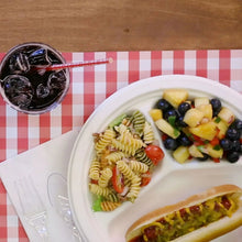 White three-section compartment paper plate with curved dividers