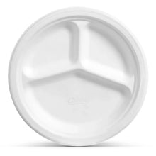 White compartment paper plate with three raised sections, side view