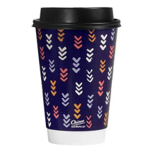 Navy hot cup with colorful arrow pattern and black snap-on lid