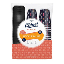 Hot cups with black lids, stacked in a bag, 16 oz disposable cups