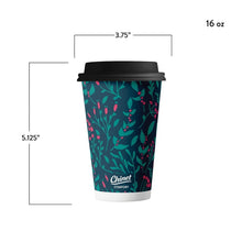 Insulated 16 oz cup with black lid and green berry pattern sleeve.