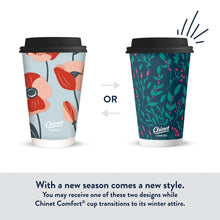 Insulated 16 oz takeaway cups with black lids, floral sleeve designs.