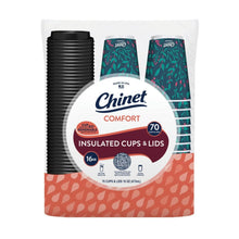 Insulated 16 oz cups with black lids, stacked; 70-count multipack.