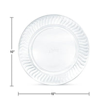 Crystal clear 10-inch plastic dinner plate with ridged rim, round design