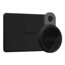 Black Bluetooth tracker card with attached round loop tag