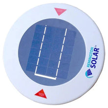 Circular solar panel purifier head with blue photovoltaic grid in white ring