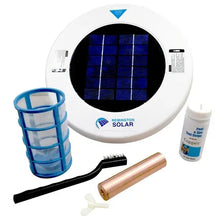 Solar pool purifier kit with device, filter basket, brush, copper tube, and sanitizer bottle