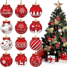 Set of red and white Christmas bauble ornaments with snowflake and tree patterns