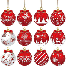 Red and white Christmas ball ornaments with Merry Christmas and winter motifs
