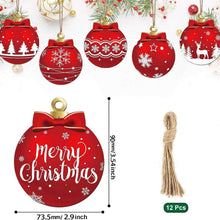 12-piece Christmas bauble ornaments set with red designs, gold caps, and hanging rope