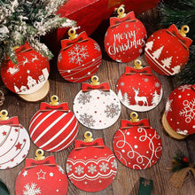 Cluster of hanging Christmas bauble ornaments in red and white with gold tops