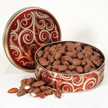 Chocolate-covered almonds gift tin, open lid with chocolate-coated almonds inside