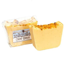 Wrapped creme brulee fudge block with 'Crème Brûlée' label