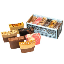 Assorted fudge variety pack with wrapped cubes in dark, tan, and pink sections