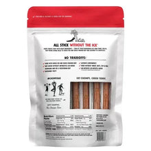 Chomps mild beef sticks bag back, white panel with product details and stick image