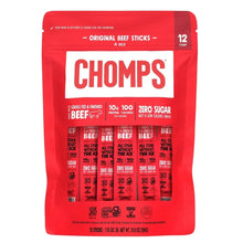 Chomps mild beef sticks bag, red pouch with 12 individually wrapped sticks