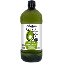 Chosen Foods avocado oil bottle, green liquid, black cap; front label with avocado icon.