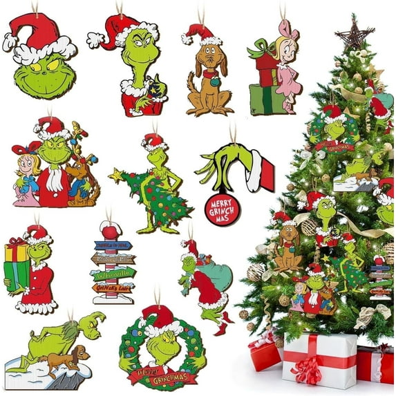 24PCS Wooden Christmas Tree Decorations, Grinch Christmas Tree Hanging Ornament, Print Holiday Xmas Ornaments Christmas Decorations Indoors