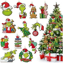 Flat set of Grinch-themed hanging Christmas ornaments, character and wreath designs