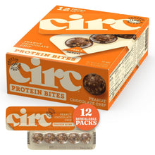 CirC protein bites resealable 12-pack box with peanut chocolate chip balls tray