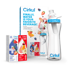 Cirkul starter kit with white 22 oz water bottle, blue lid, and two flavor cartridge boxes