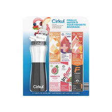 Plastic water bottle with black chill sleeve, boxed value pack with cartridges