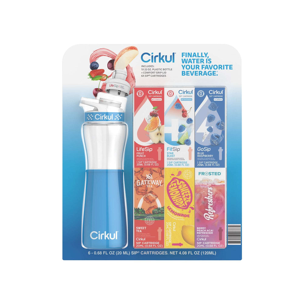 Cirkul 22 fl oz Plastic Bottle and Black Chill Sleeve Value Pack with 6 Flavor Cartridges