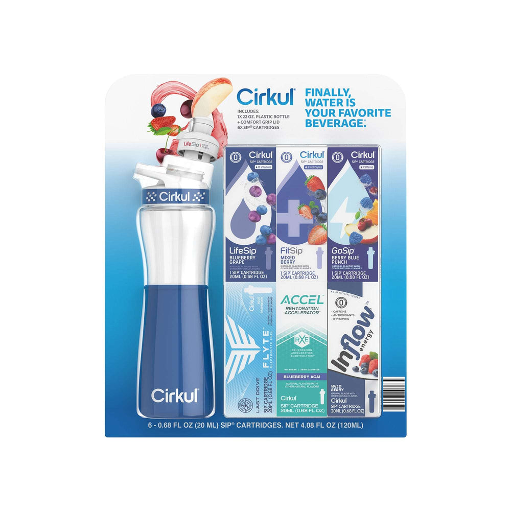 Cirkul 22 fl oz Plastic Bottle and Black Chill Sleeve Value Pack with 6 Flavor Cartridges