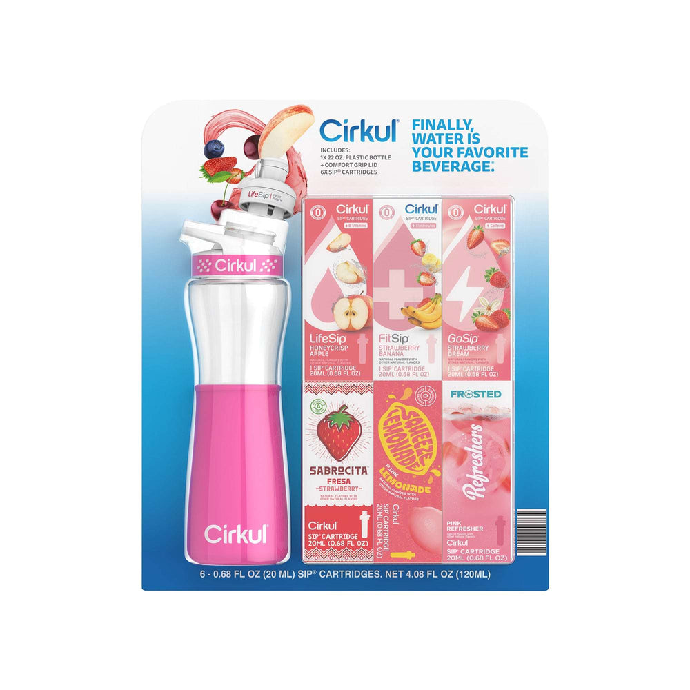 Cirkul 22 fl oz Plastic Bottle and Black Chill Sleeve Value Pack with 6 Flavor Cartridges