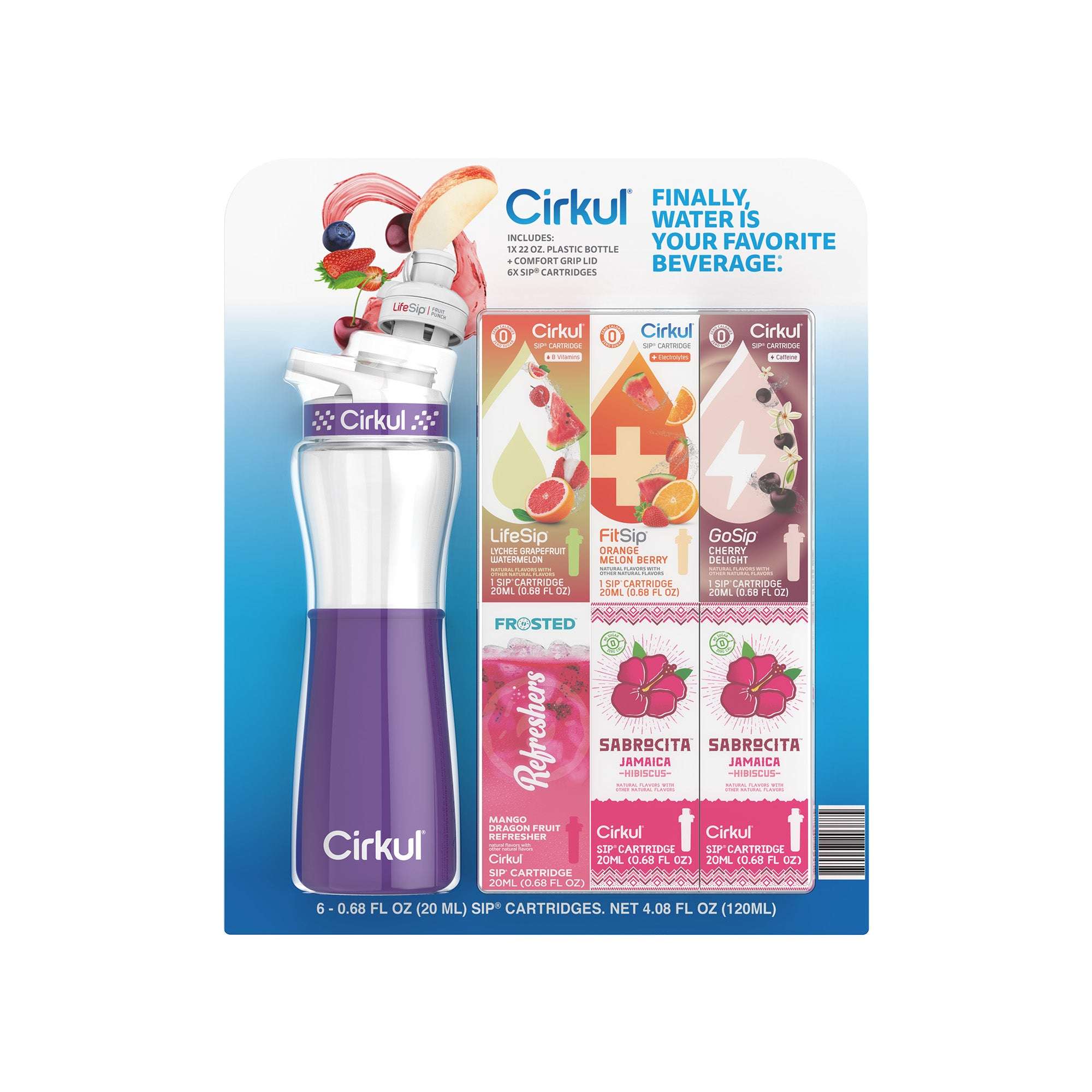 Cirkul 22 fl oz Plastic Bottle and Black Chill Sleeve Value Pack with 6 Flavor Cartridges