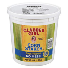 Clabber Girl corn starch tub with label and 3 lb net weight.