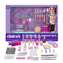 Kids glam makeup and hair styling kit box with glitter, lip gloss, accessories, and tattoos