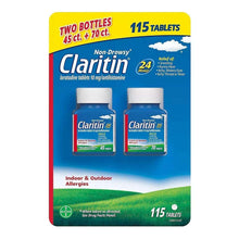 Claritin 24-hour allergy relief tablets box, 115 count, non-drowsy loratadine