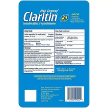 Claritin non-drowsy allergy relief tablets box back with Drug Facts and directions