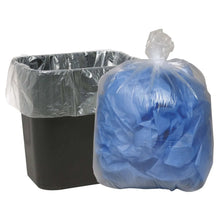 Clear trash bag liners with tied blue bag bundle for small trash cans