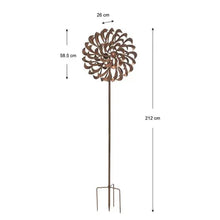 Metal pinwheel wind spinner dimensions: 212 cm tall, 58.5 cm wide, 26 cm top.
