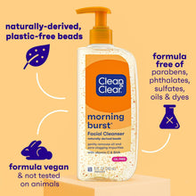 Facial cleanser bottle with pump, orange label, naturally derived bead formula.