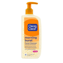 Facial cleanser bottle with pump, orange label, oil-free morning burst formula.