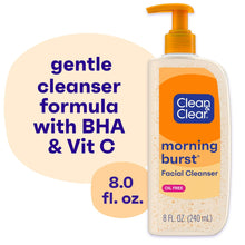 Facial cleanser bottle with pump, orange label, oil-free formula, 8 fl oz.