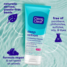 Turquoise deep action exfoliating cleanser tube with Clean & Clear logo and white cap