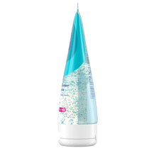 Turquoise cleanser tube side view with white cap and speckled base