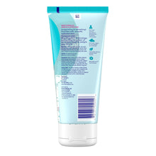 Turquoise cleanser tube back with barcode and ingredient text, white cap