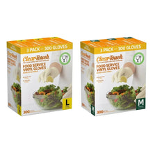 Clear-Touch vinyl food glove boxes, showing large and medium sizes, 3-pack