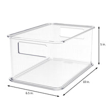 Clear plastic storage bin with hinged lid and front pull handle, 10 in x 6.5 in