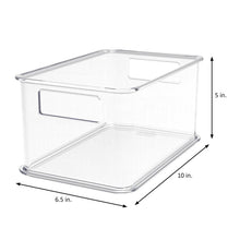 Clear plastic storage bin with hinged lid and pull handle, rectangular shape