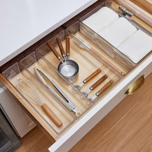 Clear 6-piece organizer set with two long utensil trays and divider compartments