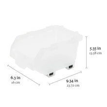 Clear plastic stacking storage bin with vented base, shown with size measurements