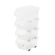 White stacking storage bins, nested together with multiple clear compartments.