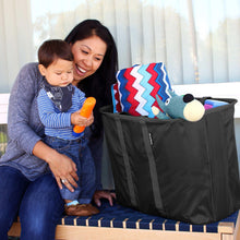 Black foldable laundry caddy tote with front straps and open top