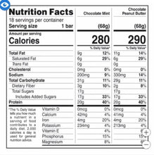 Nutrition facts panel for chocolate mint and peanut butter protein bars